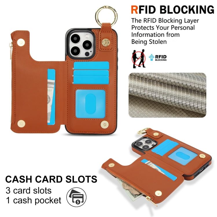 For iPhone 16 Pro Max RFlD Anti-theft Double Buckle Ring Zipper Card Phone Case
