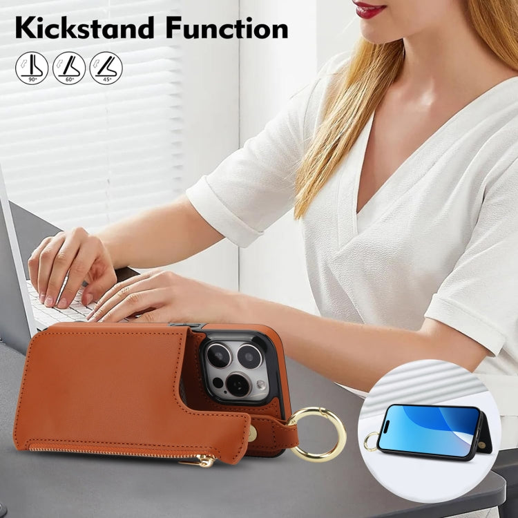 For iPhone 16 Pro Max RFlD Anti-theft Double Buckle Ring Zipper Card Phone Case