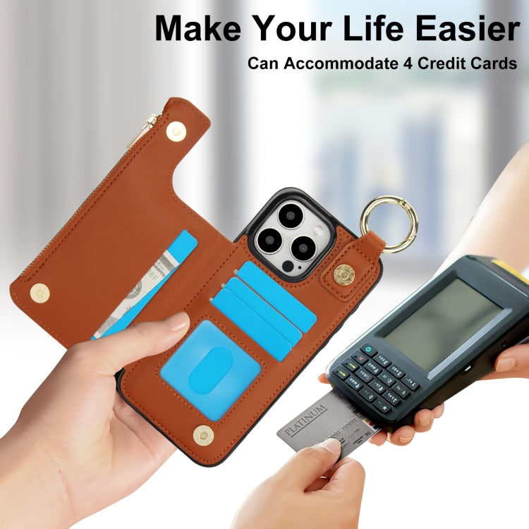 For iPhone 16 Pro Max RFlD Anti-theft Double Buckle Ring Zipper Card Phone Case