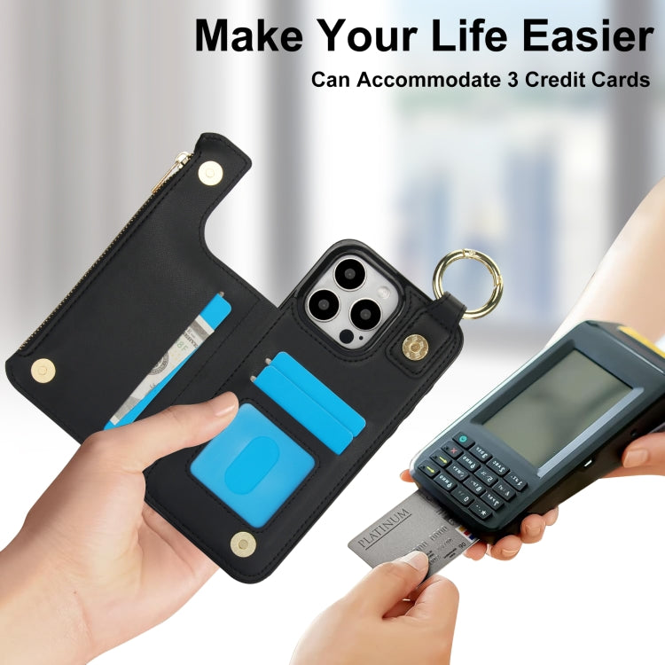 For iPhone 16 Pro RFlD Anti-theft Double Buckle Ring Zipper Card Phone Case