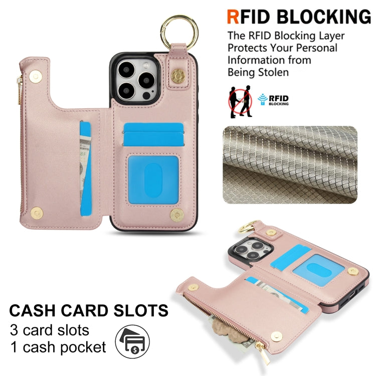 For iPhone 16 Pro RFlD Anti-theft Double Buckle Ring Zipper Card Phone Case