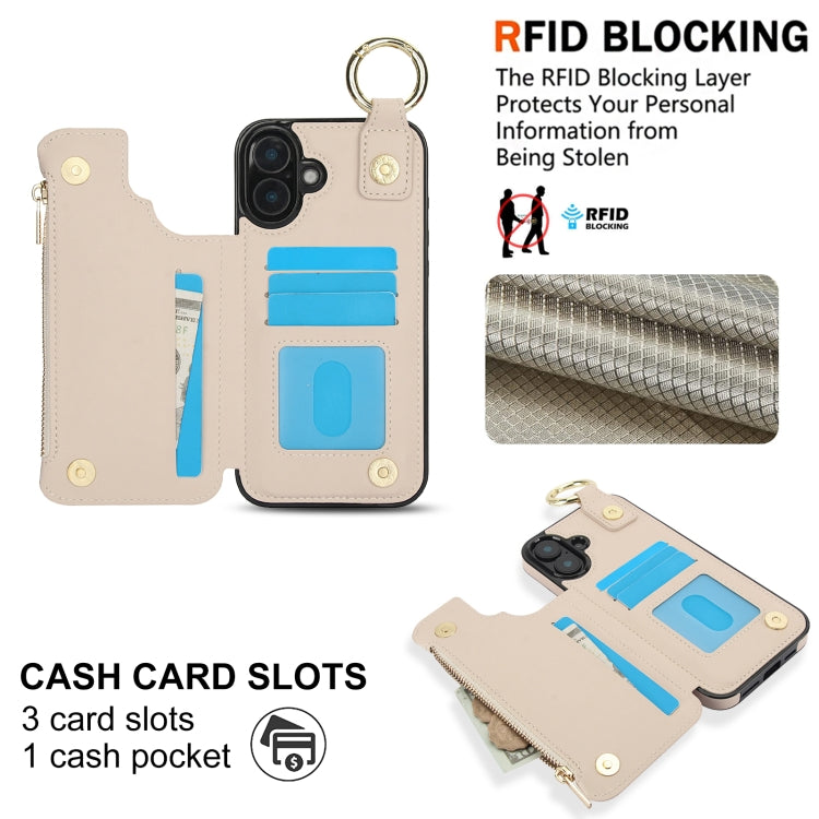 For iPhone 16 Plus RFlD Anti-theft Double Buckle Ring Zipper Card Phone Case