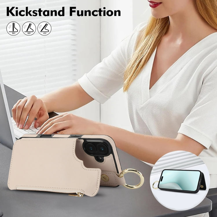 For iPhone 16 Plus RFlD Anti-theft Double Buckle Ring Zipper Card Phone Case