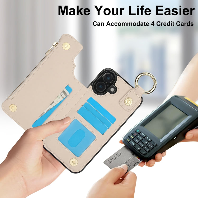For iPhone 16 Plus RFlD Anti-theft Double Buckle Ring Zipper Card Phone Case