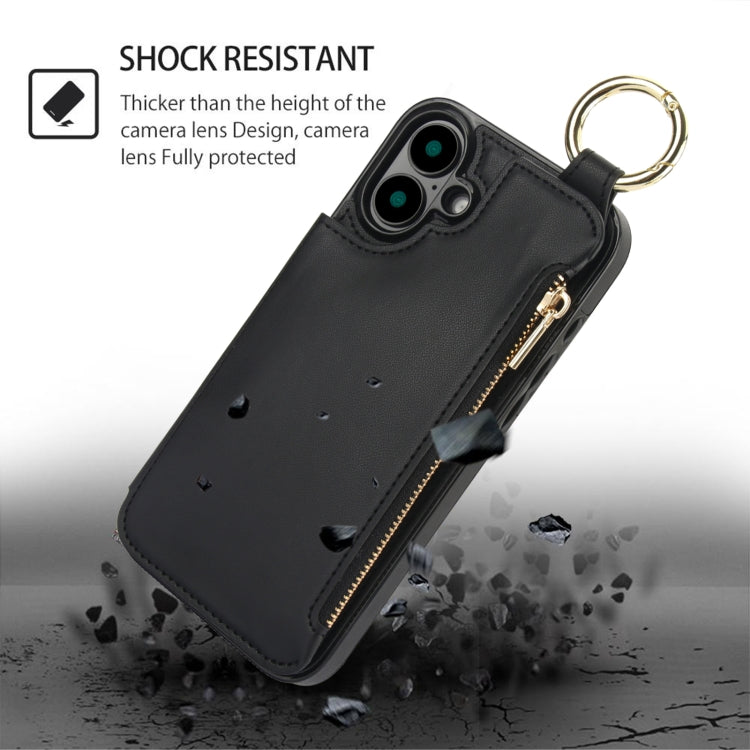 For iPhone 16 Plus RFlD Anti-theft Double Buckle Ring Zipper Card Phone Case