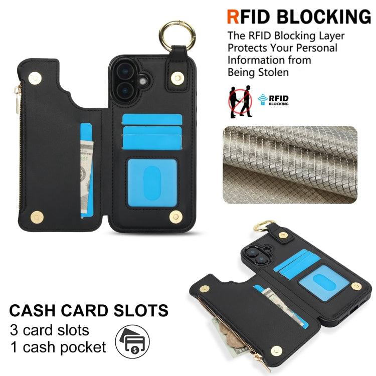 For iPhone 16 Plus RFlD Anti-theft Double Buckle Ring Zipper Card Phone Case