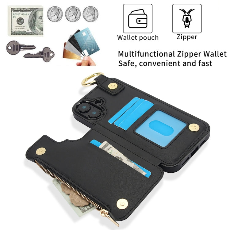 For iPhone 16 Plus RFlD Anti-theft Double Buckle Ring Zipper Card Phone Case