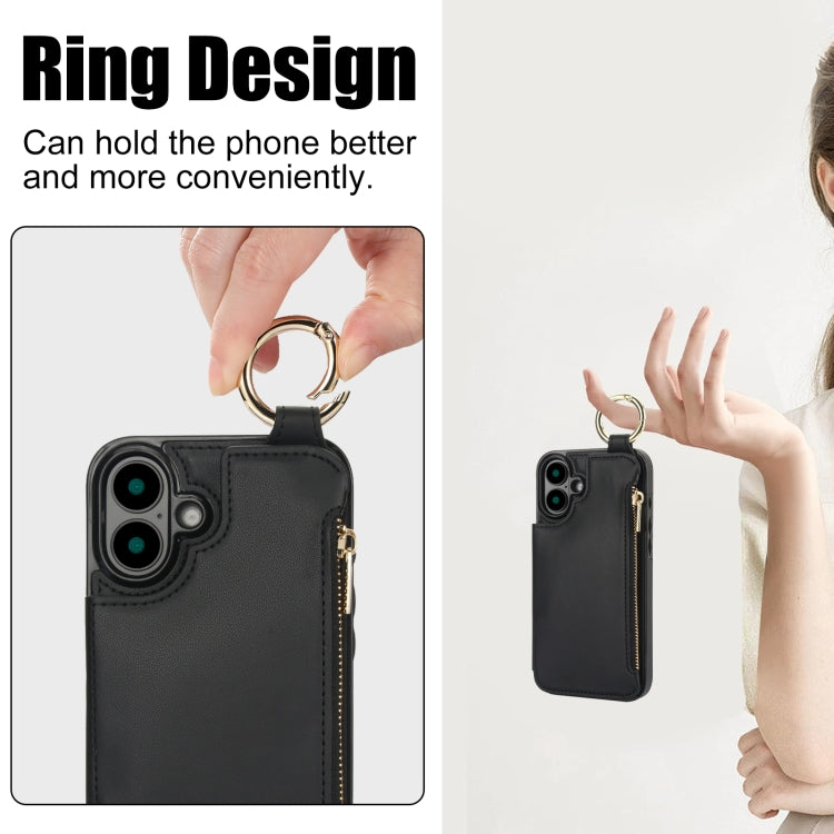 For iPhone 16 Plus RFlD Anti-theft Double Buckle Ring Zipper Card Phone Case