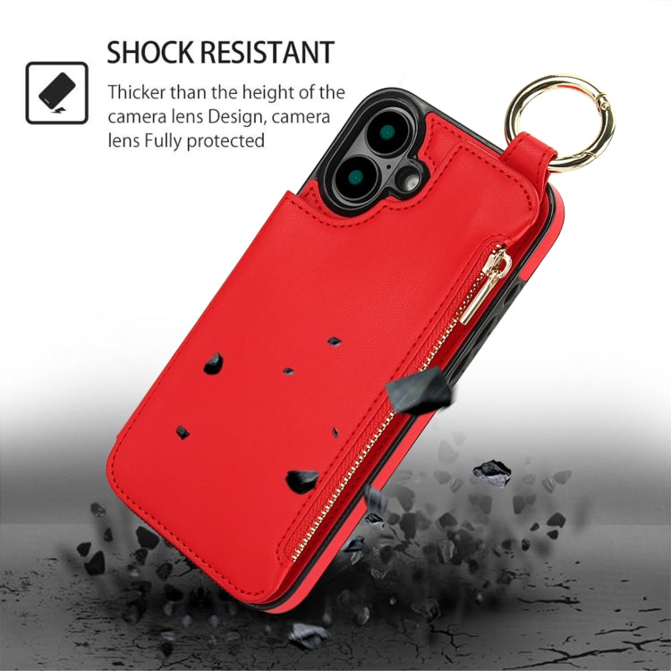 For iPhone 16 Plus RFlD Anti-theft Double Buckle Ring Zipper Card Phone Case