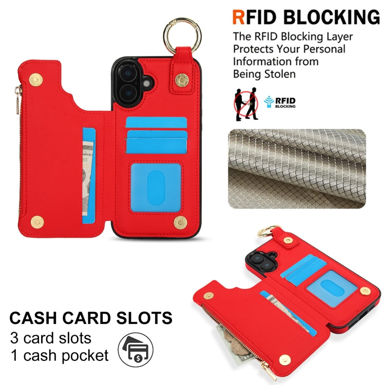 For iPhone 16 Plus RFlD Anti-theft Double Buckle Ring Zipper Card Phone Case