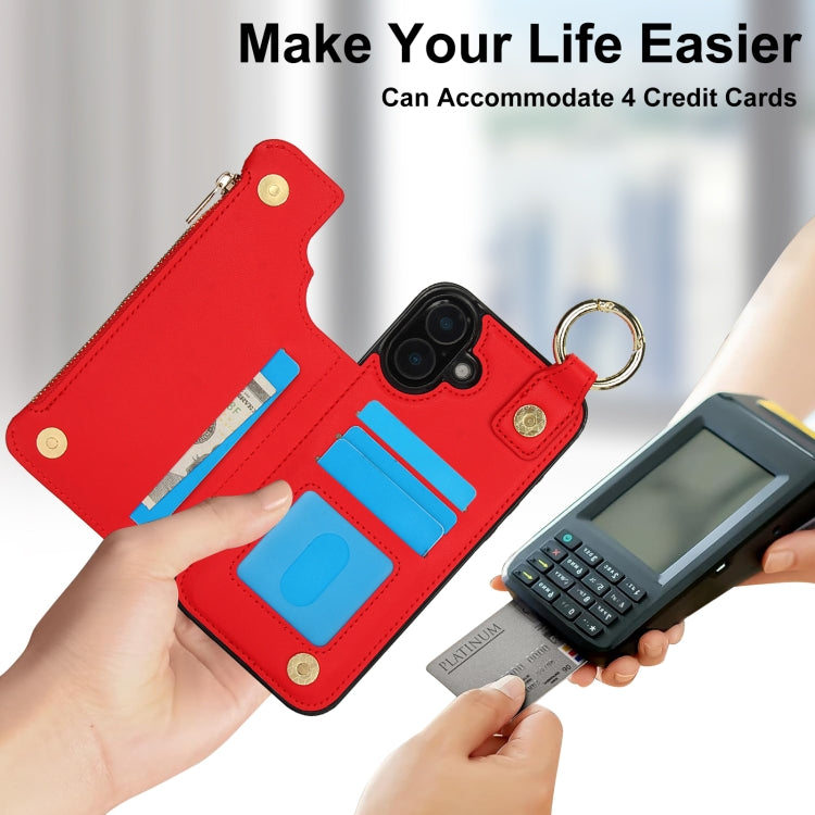 For iPhone 16 Plus RFlD Anti-theft Double Buckle Ring Zipper Card Phone Case