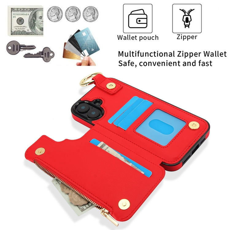 For iPhone 16 Plus RFlD Anti-theft Double Buckle Ring Zipper Card Phone Case