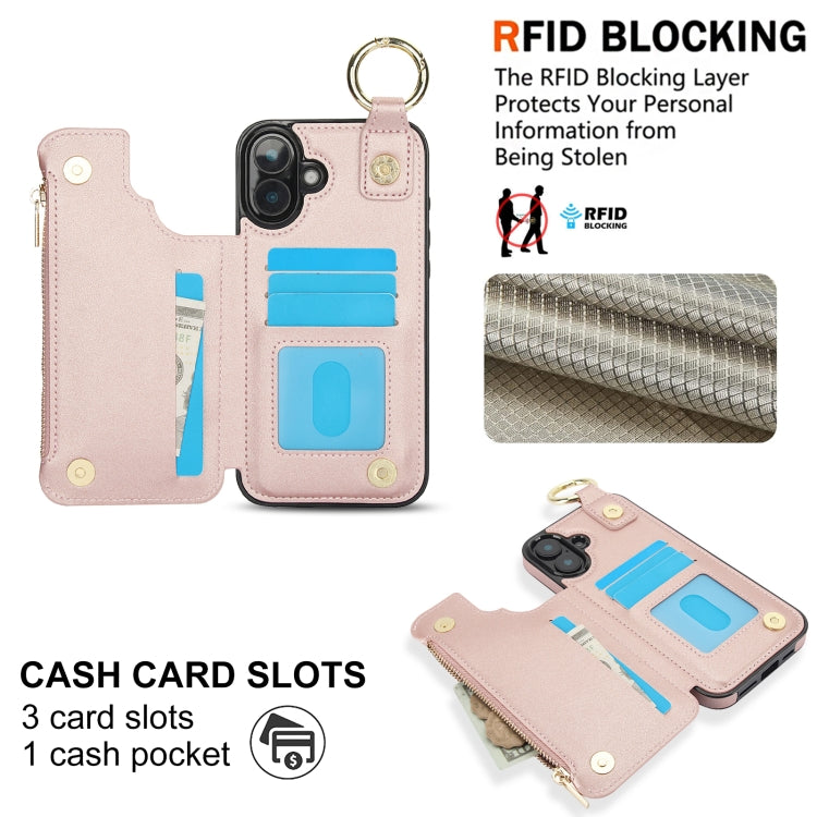 For iPhone 16 Plus RFlD Anti-theft Double Buckle Ring Zipper Card Phone Case