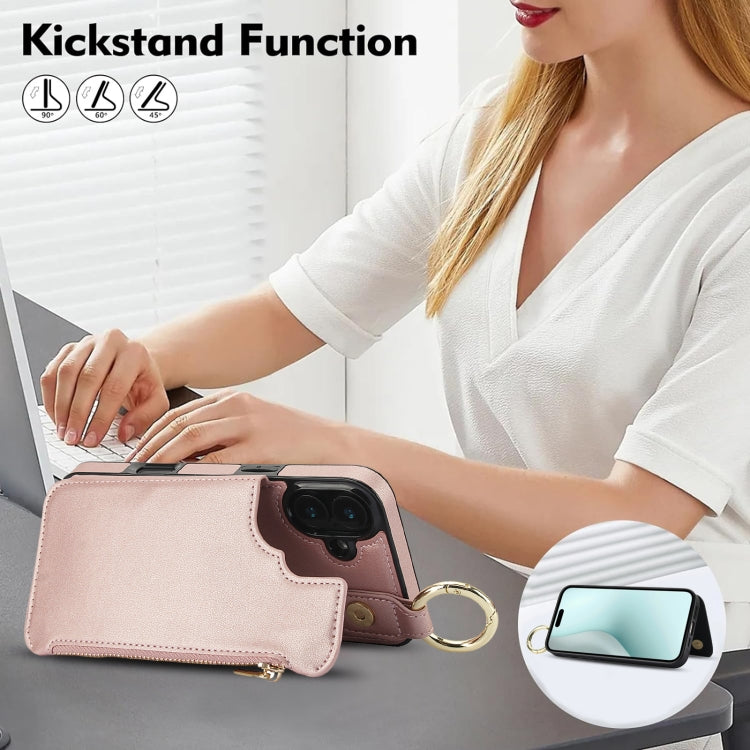 For iPhone 16 Plus RFlD Anti-theft Double Buckle Ring Zipper Card Phone Case