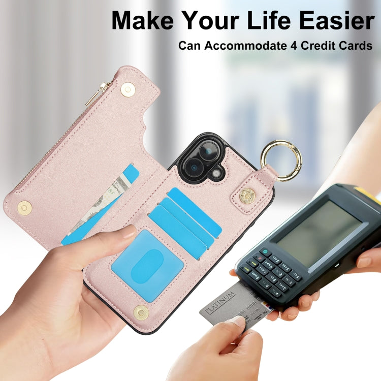 For iPhone 16 Plus RFlD Anti-theft Double Buckle Ring Zipper Card Phone Case
