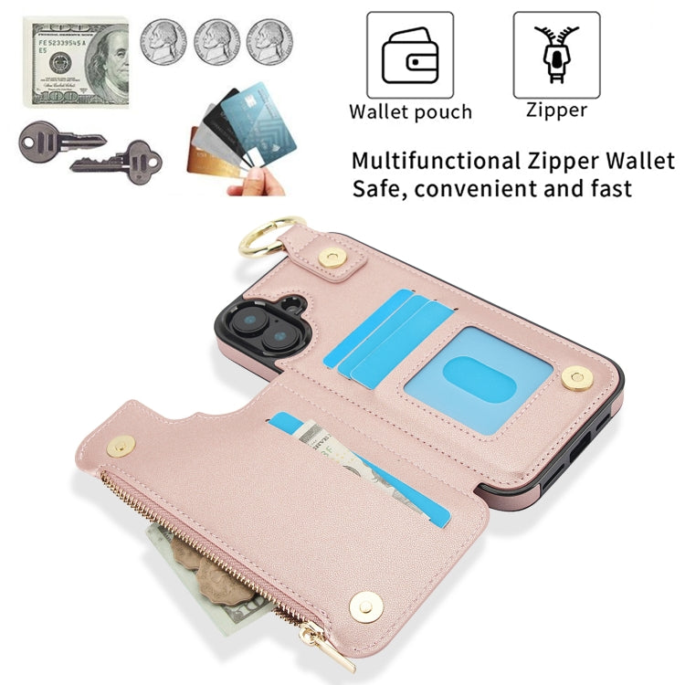 For iPhone 16 Plus RFlD Anti-theft Double Buckle Ring Zipper Card Phone Case