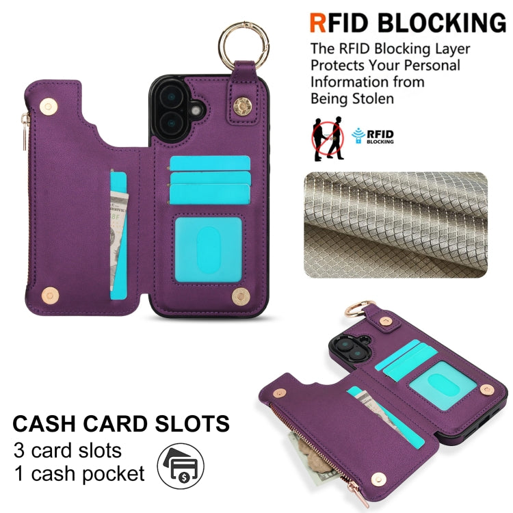 For iPhone 16 Plus RFlD Anti-theft Double Buckle Ring Zipper Card Phone Case