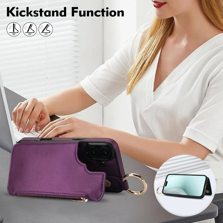 For iPhone 16 Plus RFlD Anti-theft Double Buckle Ring Zipper Card Phone Case