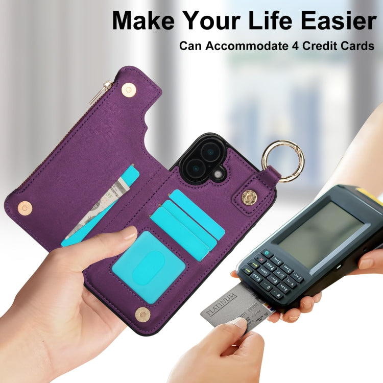 For iPhone 16 Plus RFlD Anti-theft Double Buckle Ring Zipper Card Phone Case