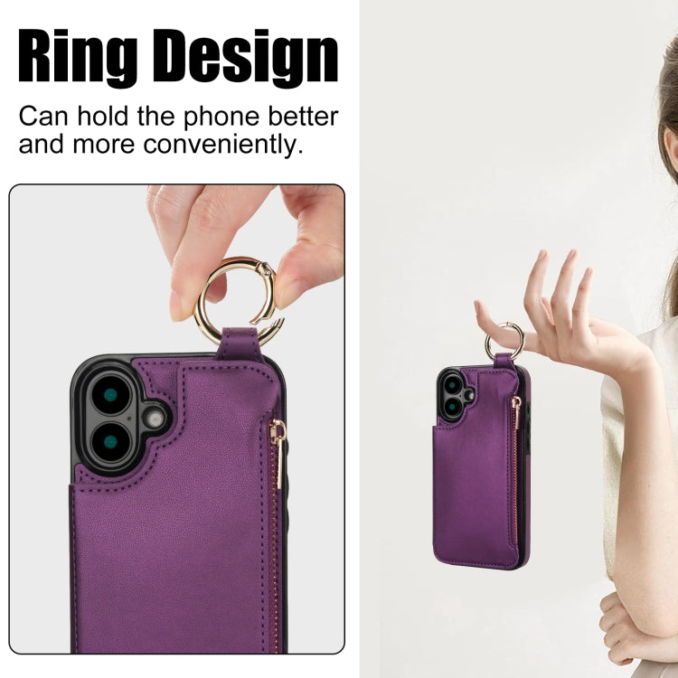 For iPhone 16 Plus RFlD Anti-theft Double Buckle Ring Zipper Card Phone Case