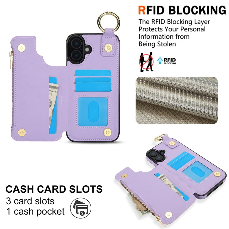 For iPhone 16 Plus RFlD Anti-theft Double Buckle Ring Zipper Card Phone Case