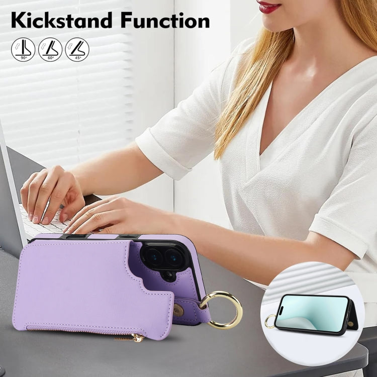 For iPhone 16 Plus RFlD Anti-theft Double Buckle Ring Zipper Card Phone Case