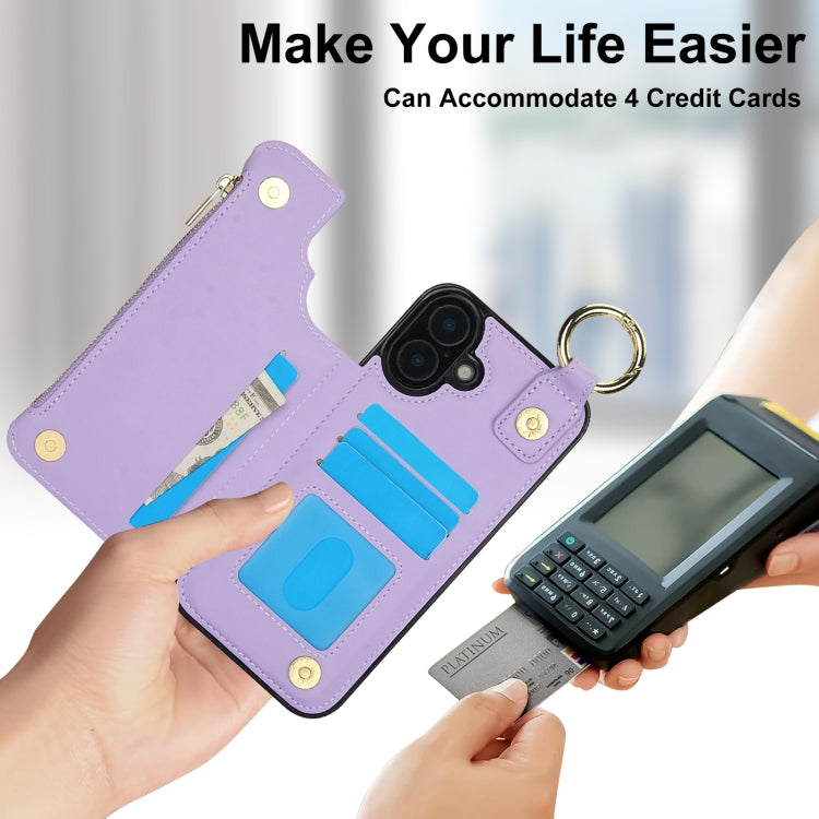 For iPhone 16 Plus RFlD Anti-theft Double Buckle Ring Zipper Card Phone Case