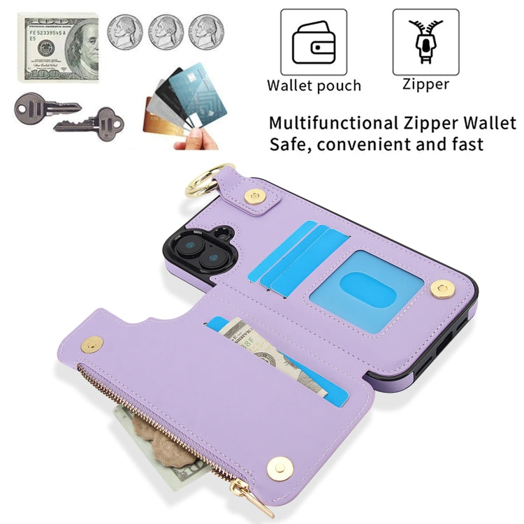 For iPhone 16 Plus RFlD Anti-theft Double Buckle Ring Zipper Card Phone Case