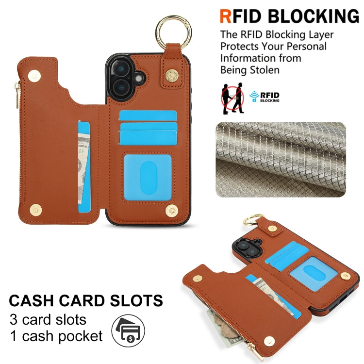 For iPhone 16 Plus RFlD Anti-theft Double Buckle Ring Zipper Card Phone Case