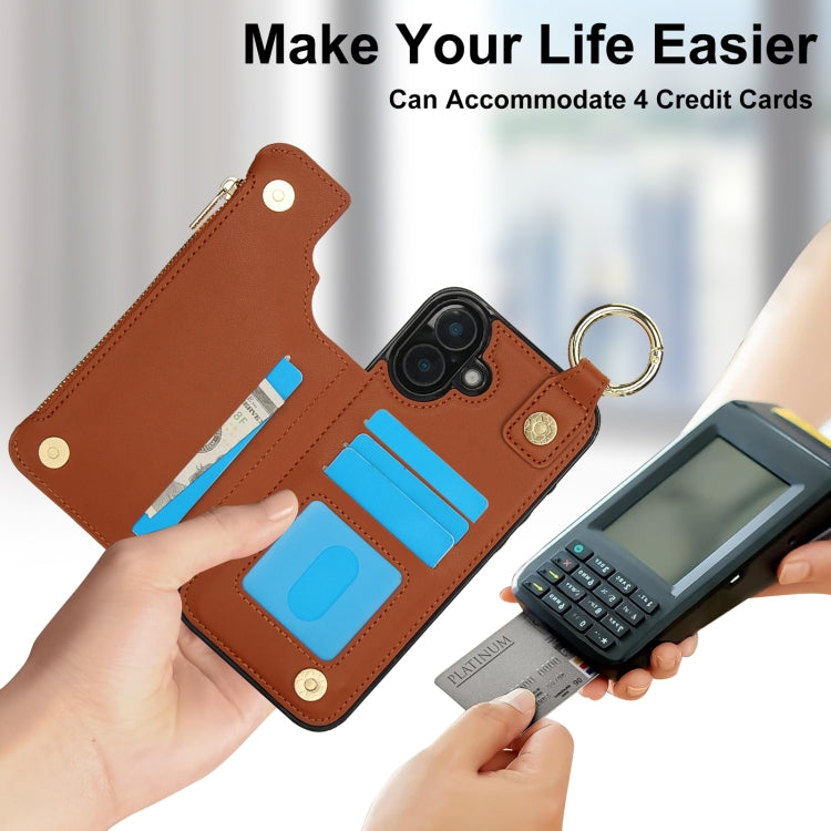 For iPhone 16 Plus RFlD Anti-theft Double Buckle Ring Zipper Card Phone Case