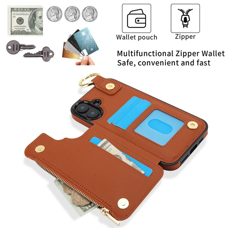 For iPhone 16 Plus RFlD Anti-theft Double Buckle Ring Zipper Card Phone Case