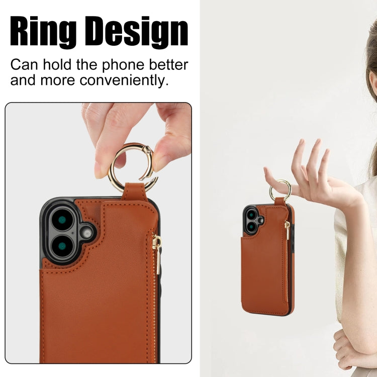 For iPhone 16 Plus RFlD Anti-theft Double Buckle Ring Zipper Card Phone Case