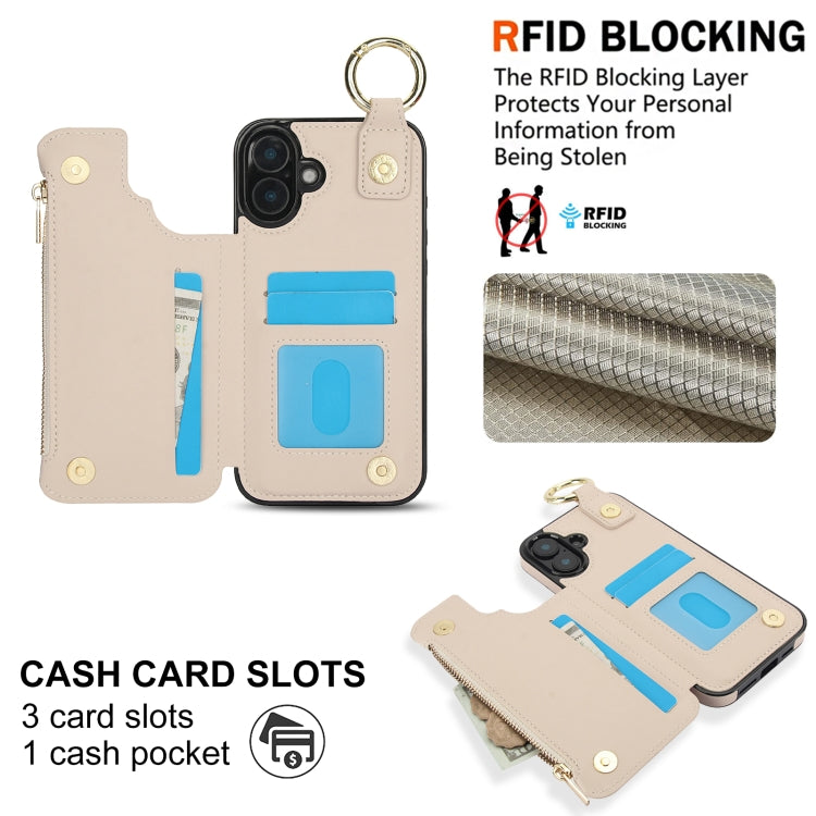 For iPhone 16 RFlD Anti-theft Double Buckle Ring Zipper Card Phone Case