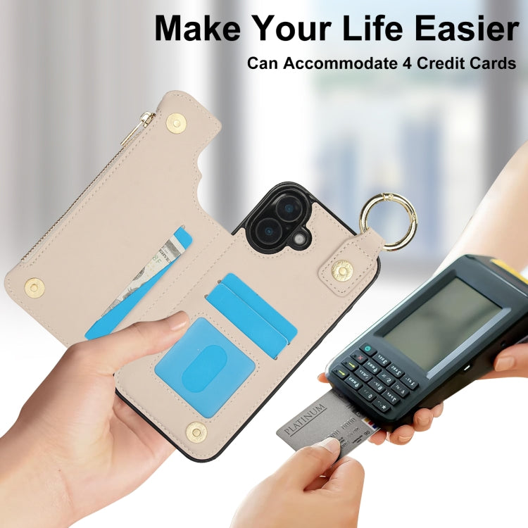 For iPhone 16 RFlD Anti-theft Double Buckle Ring Zipper Card Phone Case