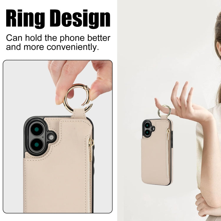 For iPhone 16 RFlD Anti-theft Double Buckle Ring Zipper Card Phone Case