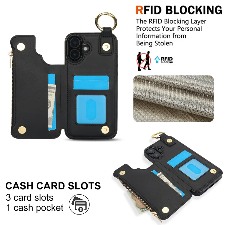 For iPhone 16 RFlD Anti-theft Double Buckle Ring Zipper Card Phone Case