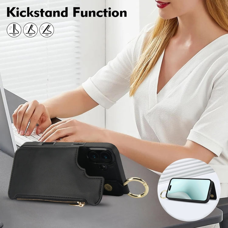 For iPhone 16 RFlD Anti-theft Double Buckle Ring Zipper Card Phone Case