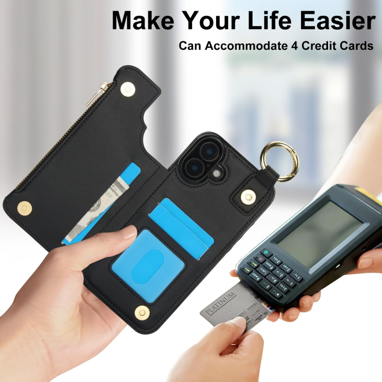 For iPhone 16 RFlD Anti-theft Double Buckle Ring Zipper Card Phone Case