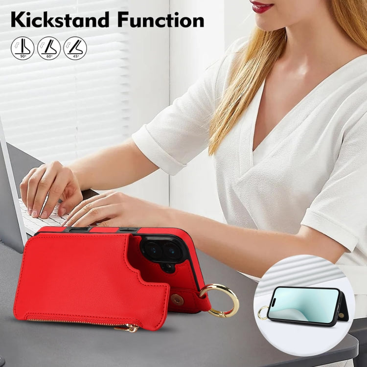 For iPhone 16 RFlD Anti-theft Double Buckle Ring Zipper Card Phone Case