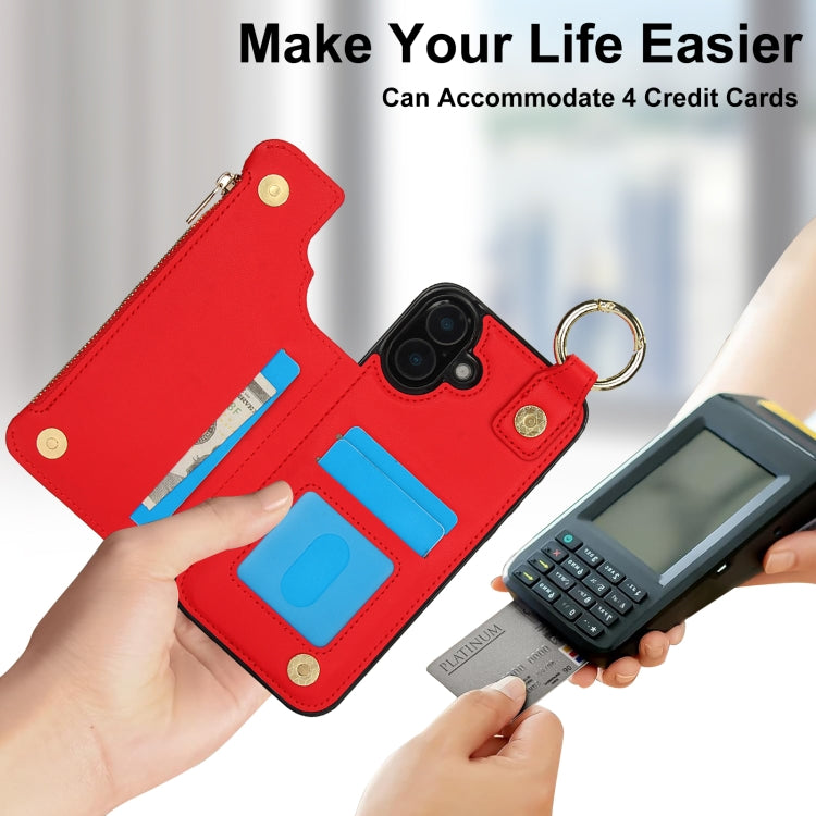 For iPhone 16 RFlD Anti-theft Double Buckle Ring Zipper Card Phone Case