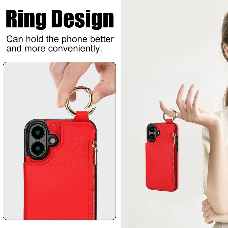 For iPhone 16 RFlD Anti-theft Double Buckle Ring Zipper Card Phone Case