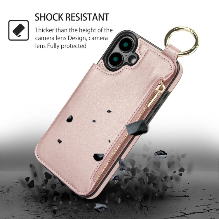 For iPhone 16 RFlD Anti-theft Double Buckle Ring Zipper Card Phone Case