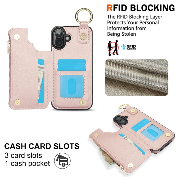 For iPhone 16 RFlD Anti-theft Double Buckle Ring Zipper Card Phone Case