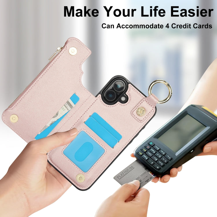 For iPhone 16 RFlD Anti-theft Double Buckle Ring Zipper Card Phone Case