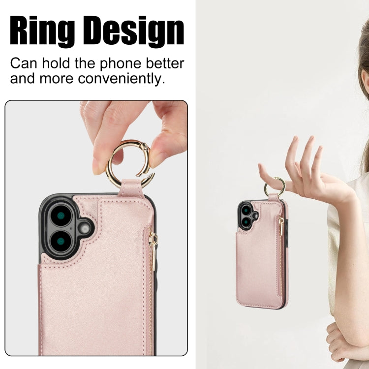 For iPhone 16 RFlD Anti-theft Double Buckle Ring Zipper Card Phone Case