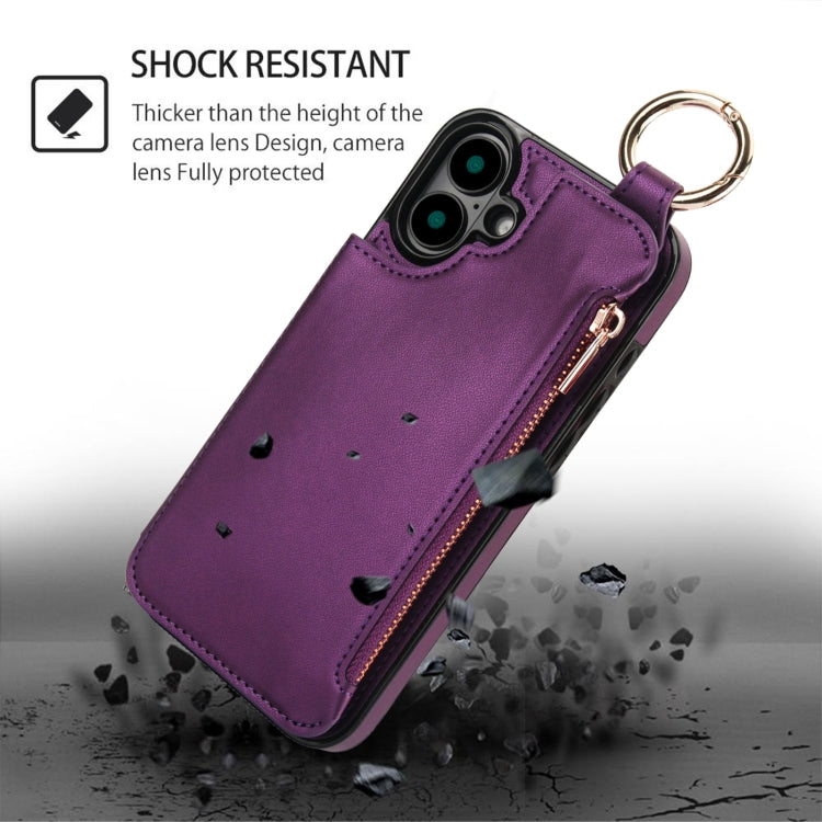 For iPhone 16 RFlD Anti-theft Double Buckle Ring Zipper Card Phone Case