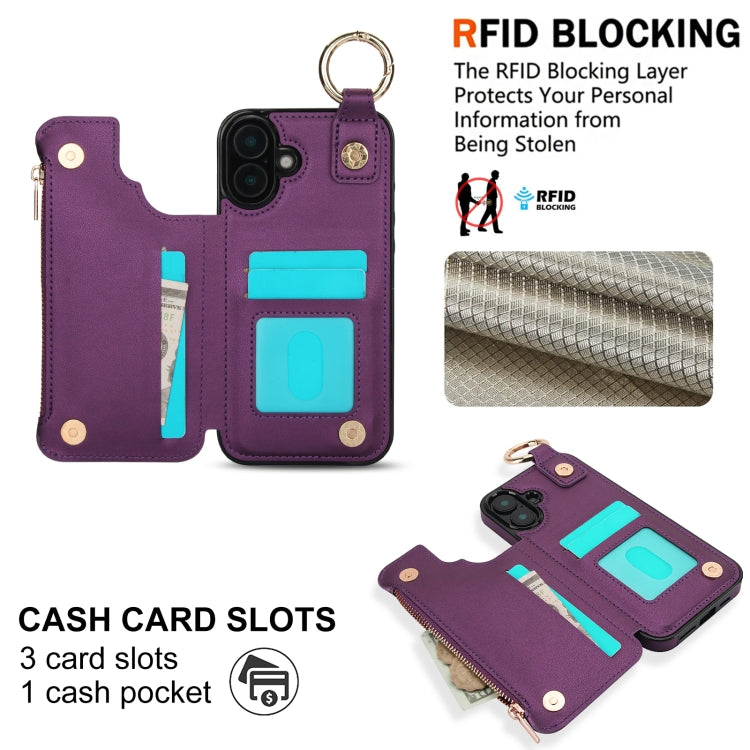 For iPhone 16 RFlD Anti-theft Double Buckle Ring Zipper Card Phone Case