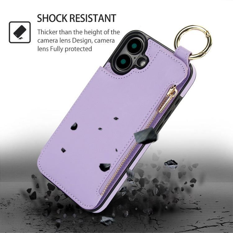 For iPhone 16 RFlD Anti-theft Double Buckle Ring Zipper Card Phone Case
