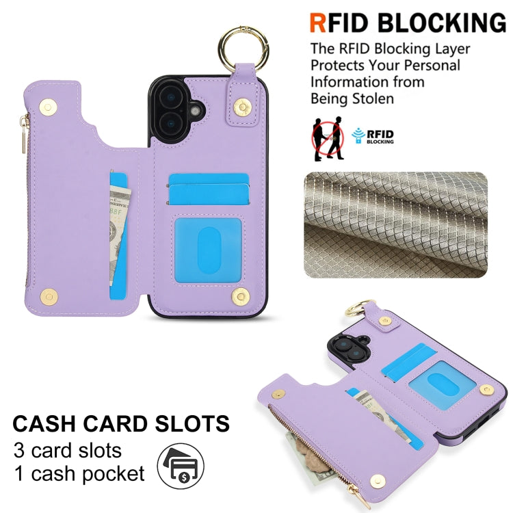 For iPhone 16 RFlD Anti-theft Double Buckle Ring Zipper Card Phone Case