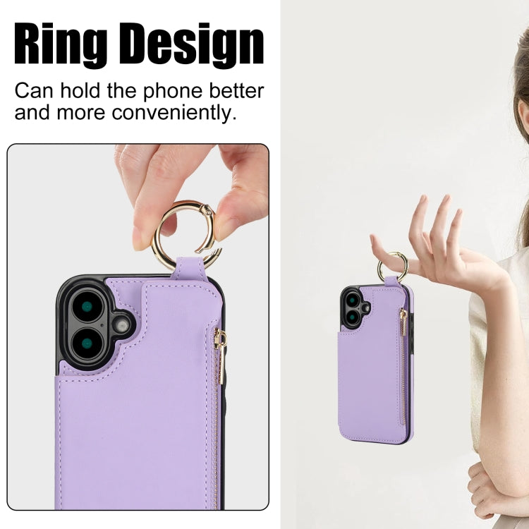For iPhone 16 RFlD Anti-theft Double Buckle Ring Zipper Card Phone Case